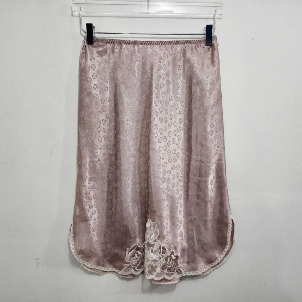 Vintage Natori Rose Floral Satin Half Slip Pink Round Edge Lace Trim Skirt Sz S